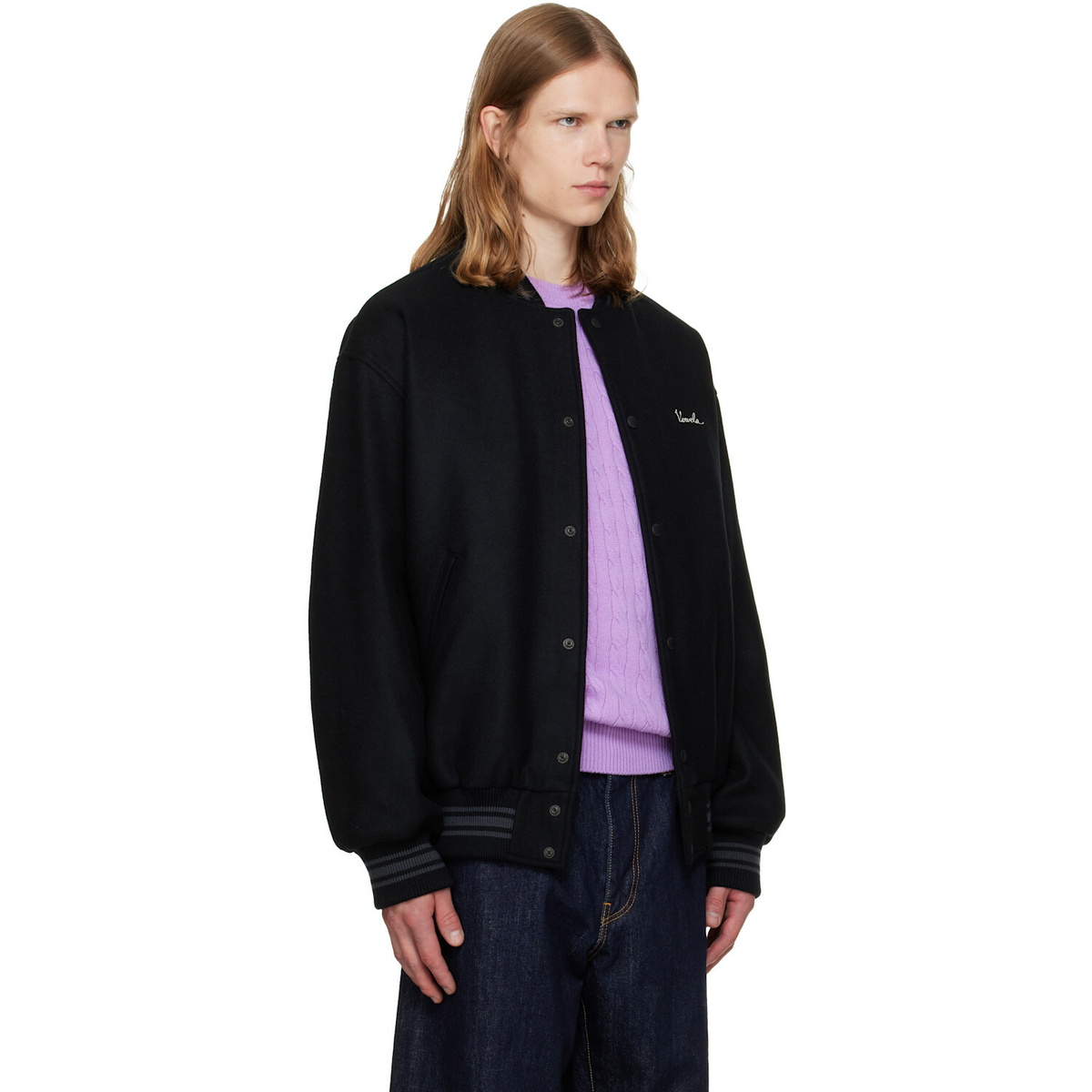 vowels Black Wool Varsity Bomber Jacket