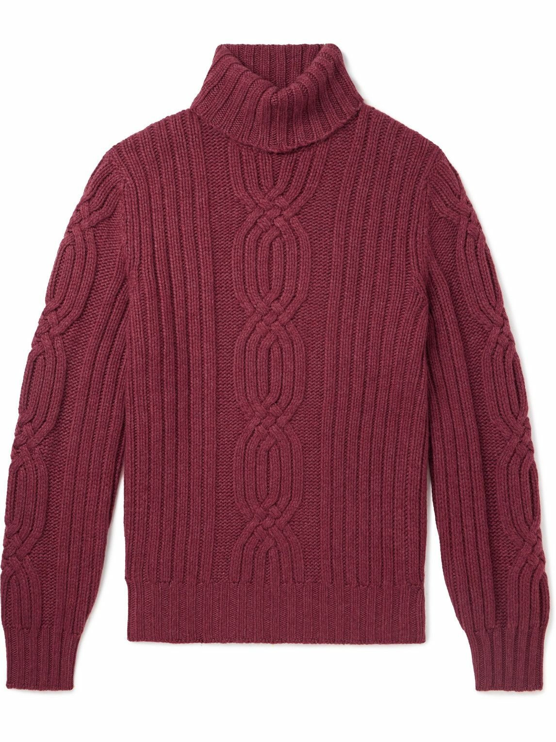 Photo: Brunello Cucinelli - Slim-Fit Cable-Knit Cashmere Rollneck Sweater - Red
