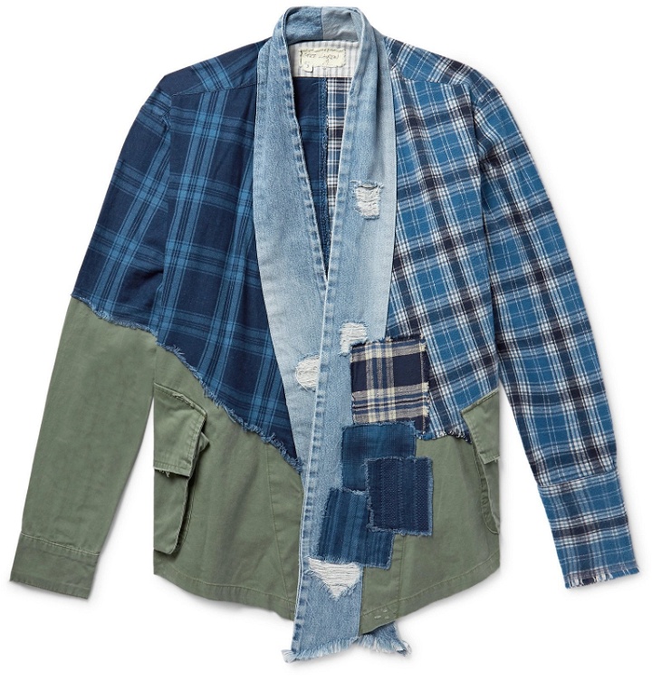 Photo: Greg Lauren - Grandad-Collar Panelled Cotton-Chambray and Checked Canvas Shirt - Blue