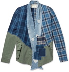 Greg Lauren - Grandad-Collar Panelled Cotton-Chambray and Checked Canvas Shirt - Blue