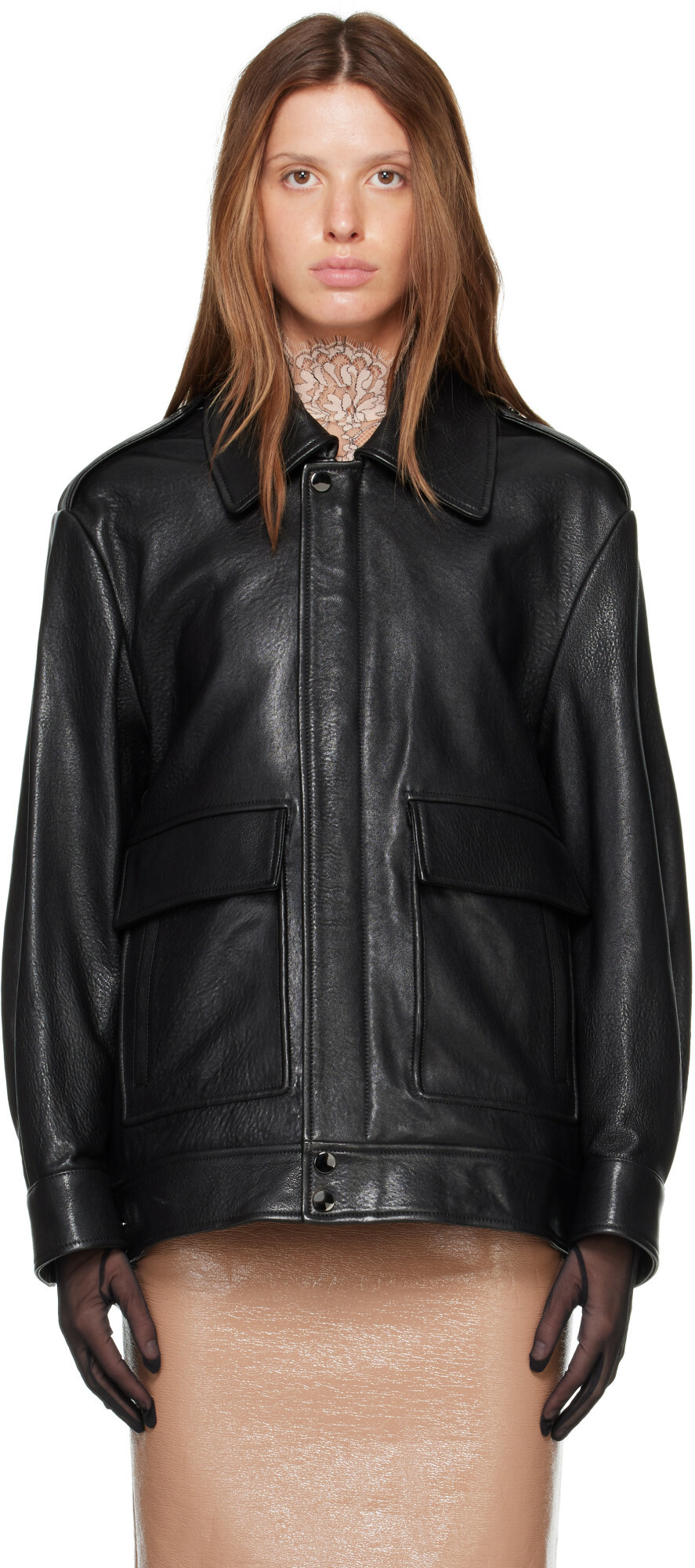 Nour Hammour Black Drey Leather Bomber Jacket
