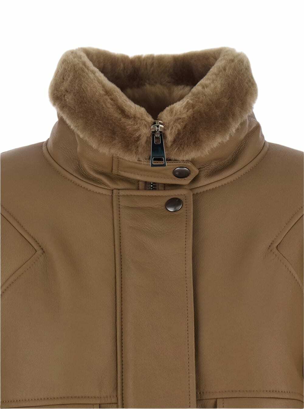 Blancha Brown Bomber Jacket With Fur Collar And Patch Pockets In Leather Woman
