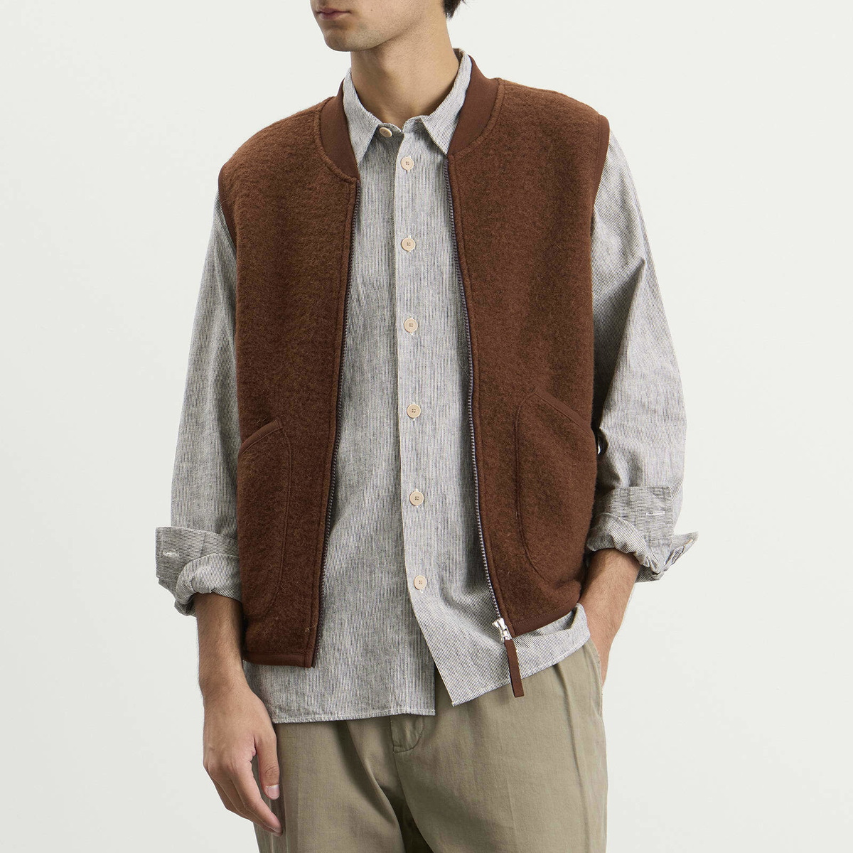 Universal Works Men's Wool Fleece Zip Waistcoat in Cacao