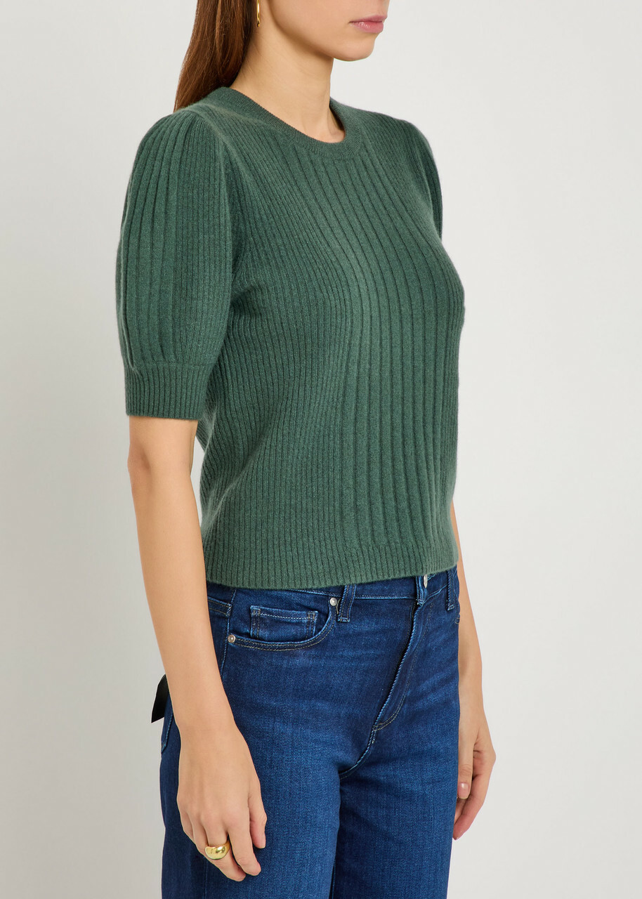 Paige Kato Puff-sleeve Ribbed Cashmere top Green