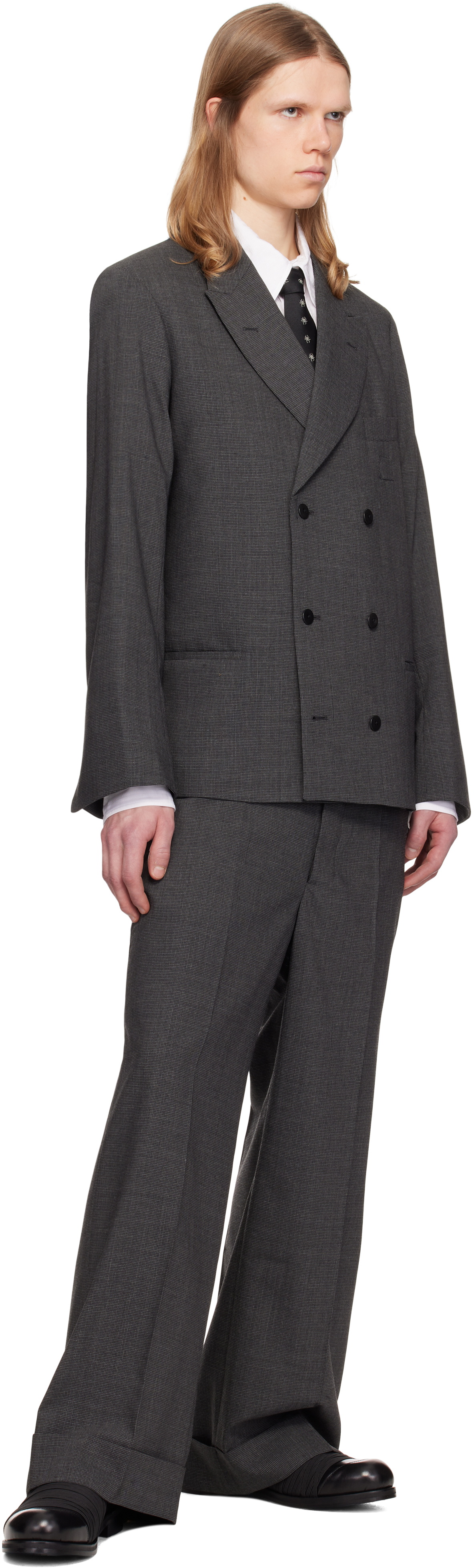 Random Identities Gray Houndstooth Wool Blend Double Breasted Blazer