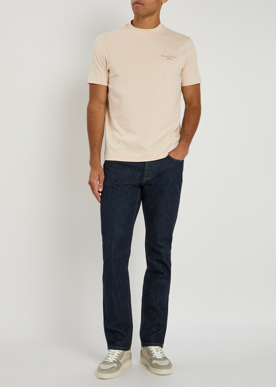 Emporio Armani Logo-embroidered Cotton T-shirt Cream