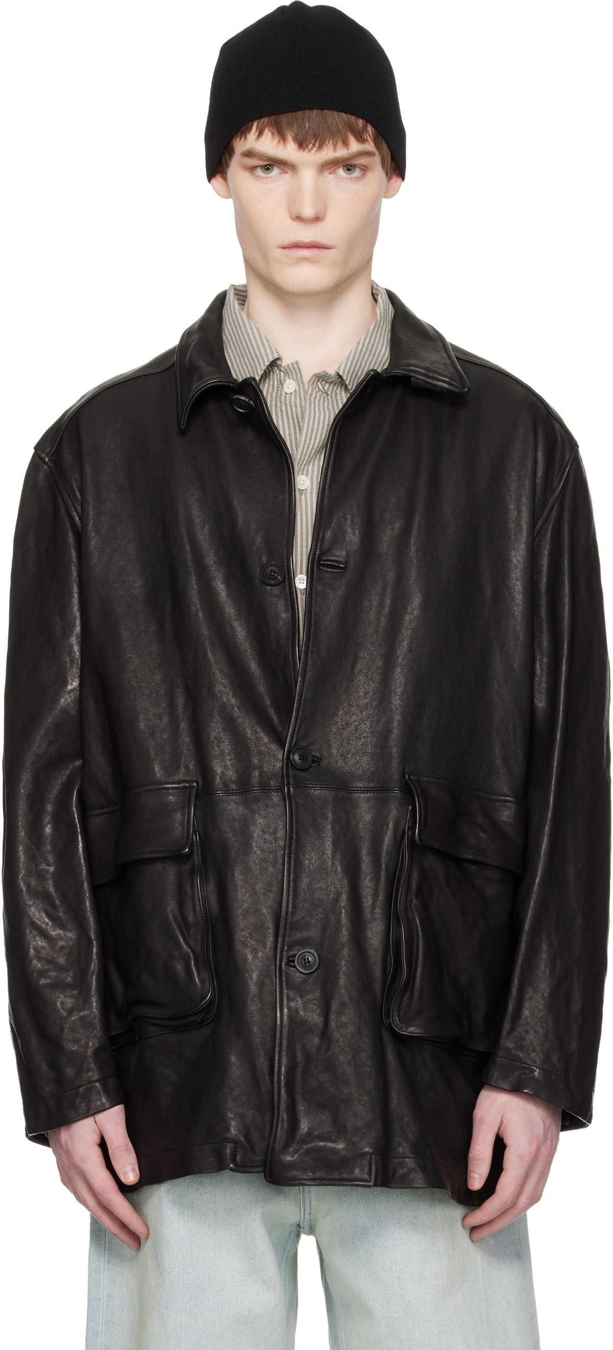COOR Black Washed Lambskin Leather Car Coat