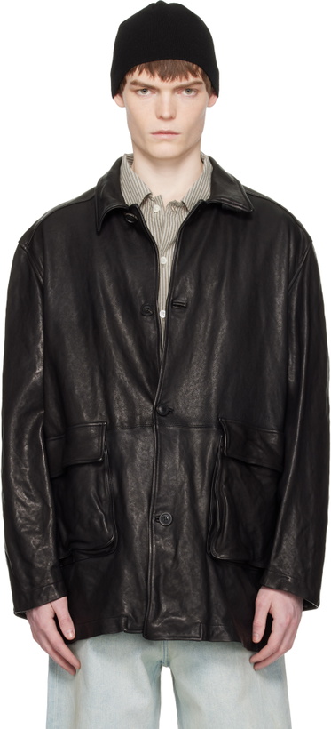 Photo: COOR Black Washed Lambskin Leather Car Coat
