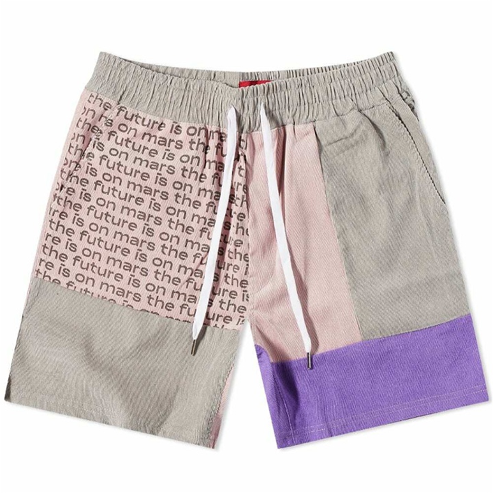 Photo: The Future Is On Mars Men's Corduroy Patchwork Short in Galactic Grey/Purple