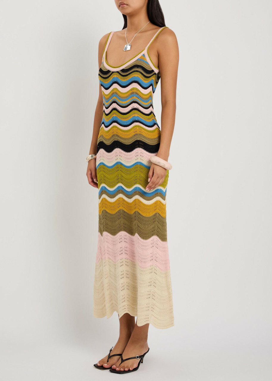 LA Double J Chevron Pointelle-knit Cotton Midi Dress Multicoloured