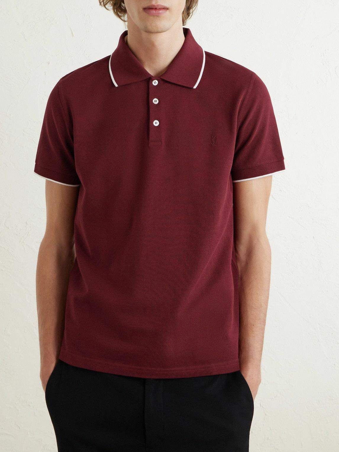 SAINT LAURENT - Slim-Fit Logo-Embroidered Cotton-Piqué Polo Shirt - Burgundy