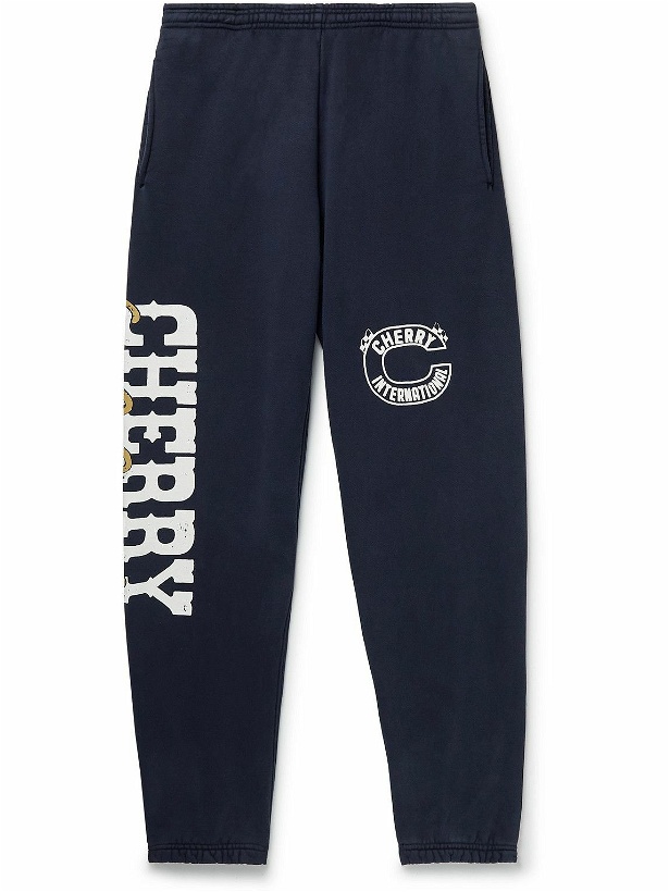 Photo: CHERRY LA - Tapered Logo-Print Cotton-Jersey Sweatpants - Blue