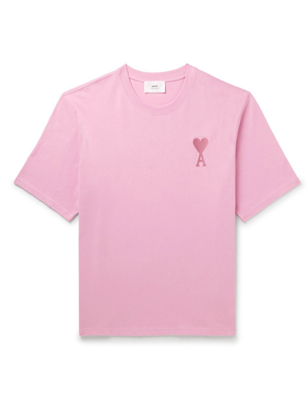 Photo: AMI PARIS - Logo-Embroidered Organic Cotton-Jersey T-Shirt - Pink