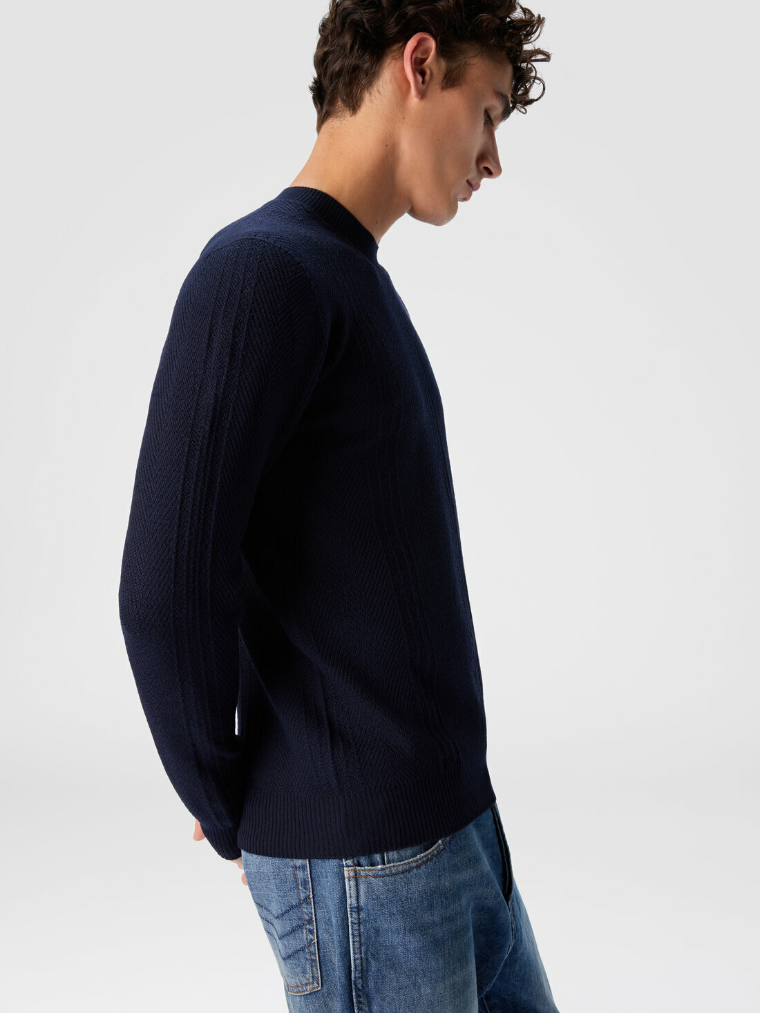 Missoni - Crew neck sweater in wool with chevron pattern, Men, Navy Blue