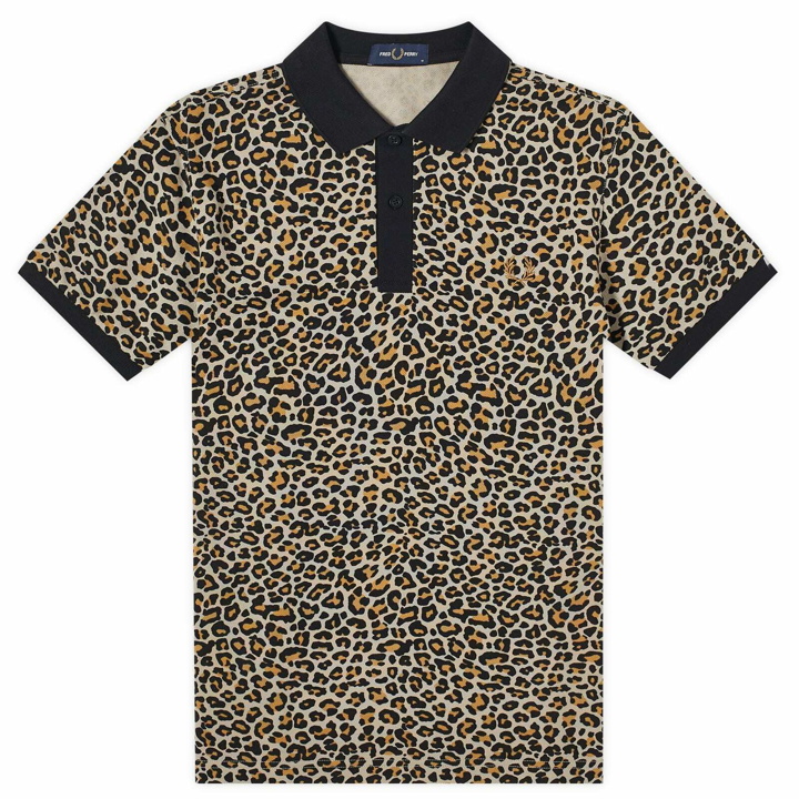 Photo: Fred Perry Men's Leopard Print Polo Shirt in Warm Grey