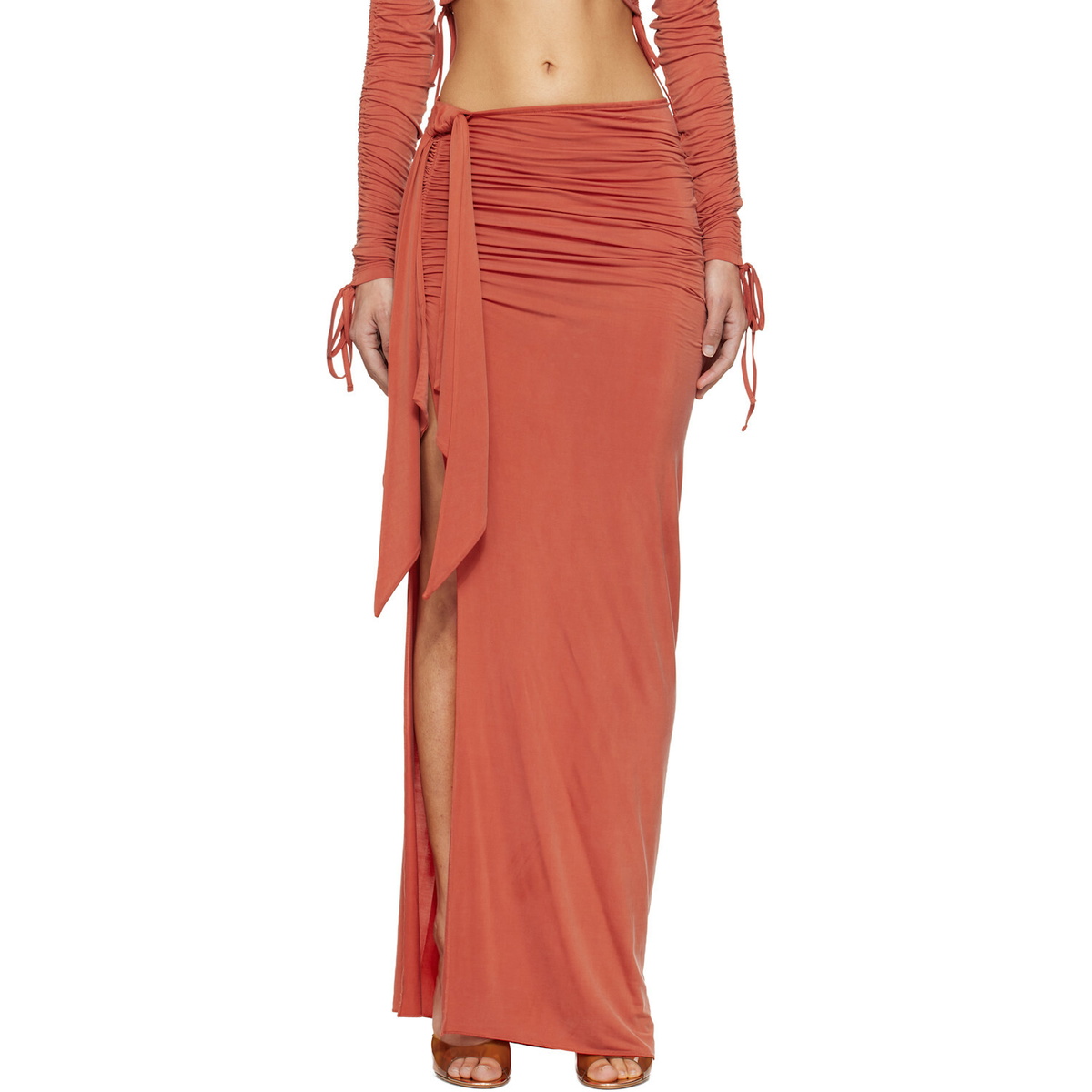 BALMAIN Orange Knotted Split Jersey Maxi Skirt