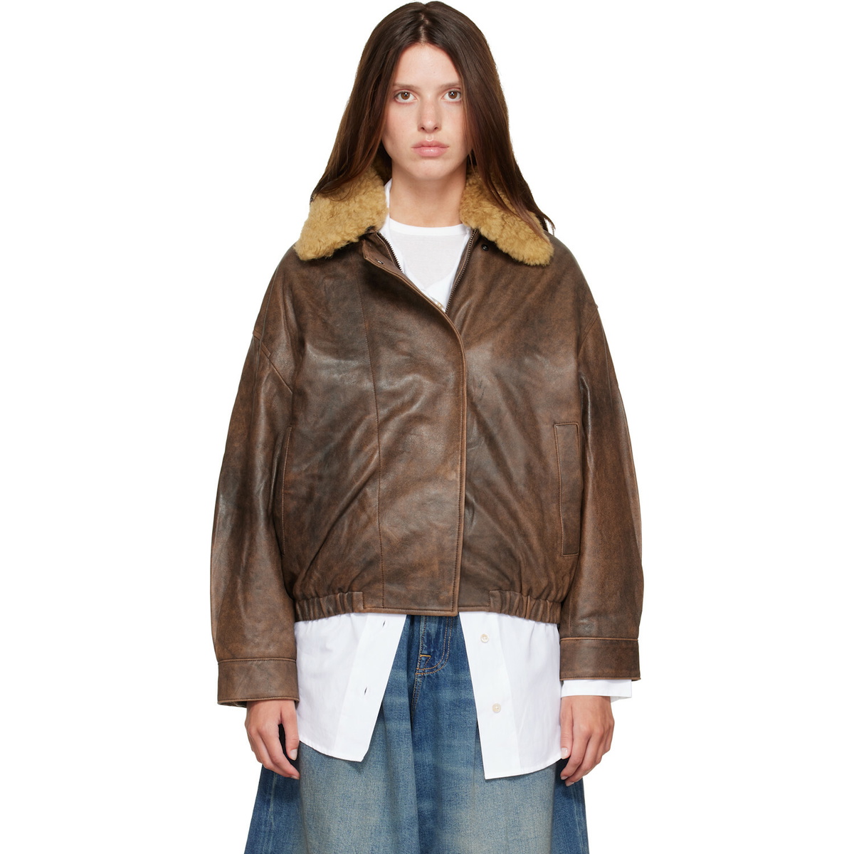 R13 Brown Removable Collar Leather Bomber Jacket