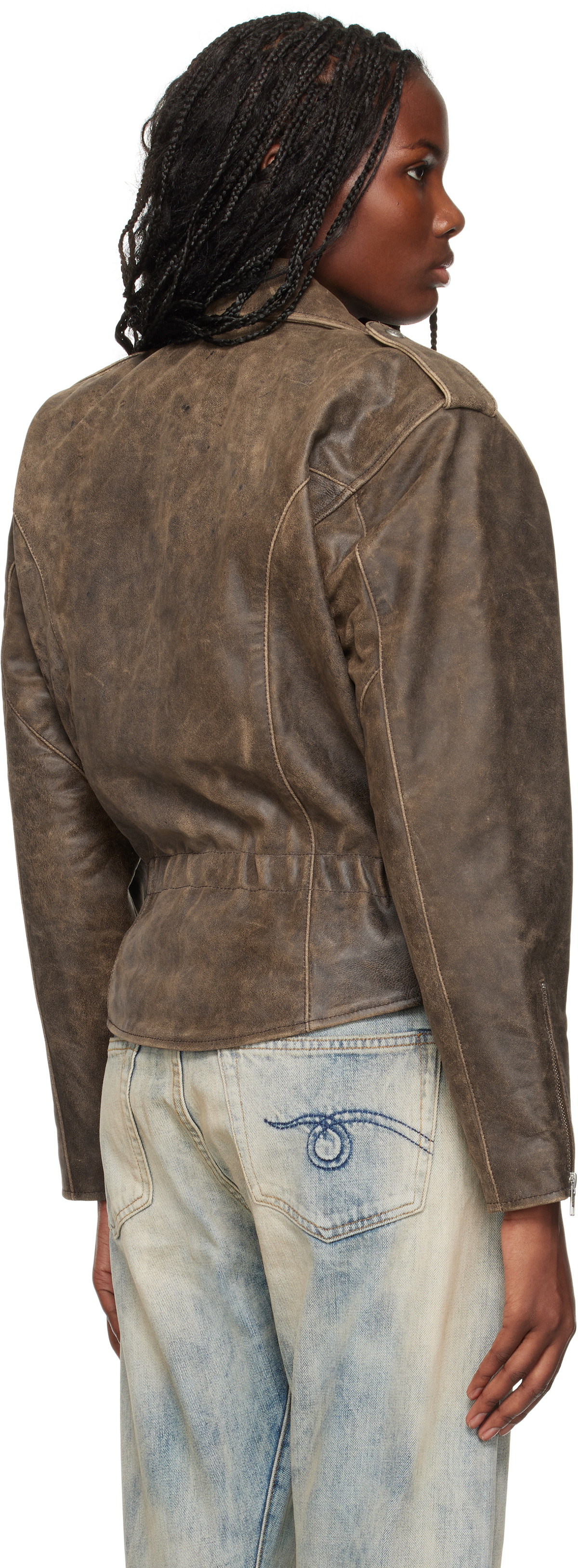 R13 Brown Exaggerated Shoulder Motorcycle Leather Jacket