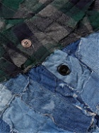 Greg Lauren - Patchwork Checked Cotton-Flannel and Distressed Denim Overshirt - Green