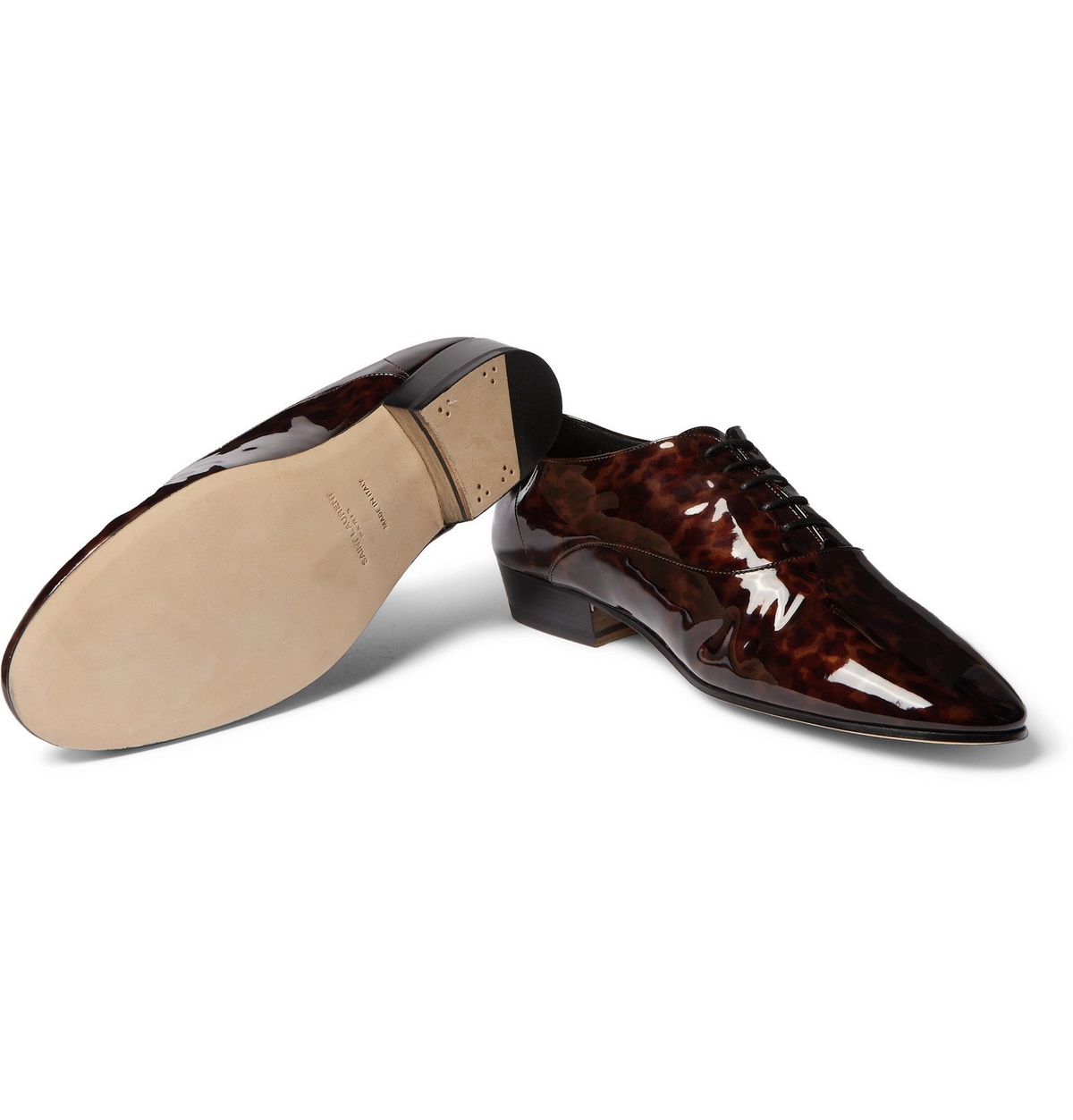 SAINT LAURENT - Leon Tortoiseshell-Effect Patent-Leather Derby 