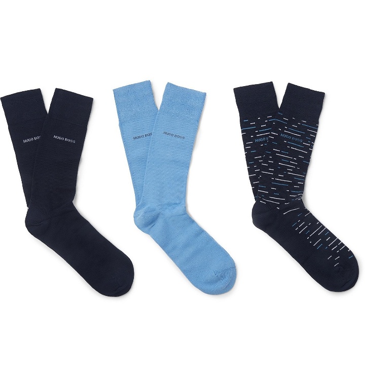 Photo: Hugo Boss - Three-Pack Logo-Jacquard Cotton-Blend Socks - Blue