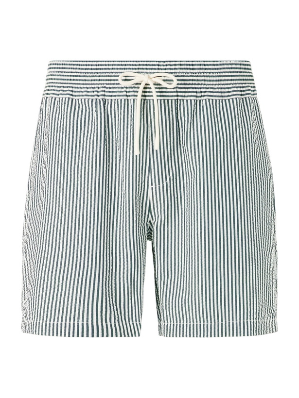 Photo: Portuguese Flannel - Atlantico Straight-Leg Striped Cotton-Seersucker Shorts - Green