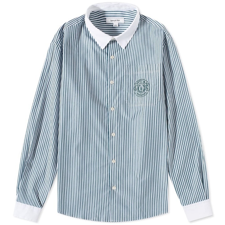 Photo: Sporty & Rich Cara Embroidered Shirt in Forest Stripe