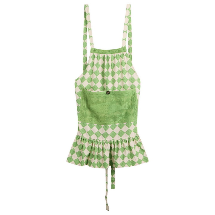 Photo: Damson Madder Women's Nonna House - Check Filet Lace Apron in Green 