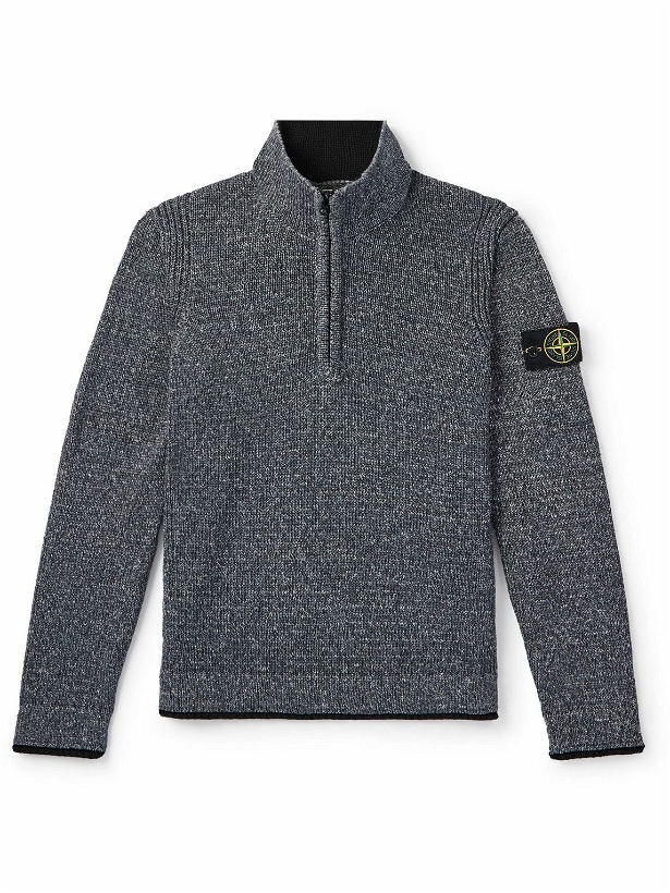Photo: Stone Island - Logo-Appliquéd Knitted Cotton Half-Zip Sweater - Gray