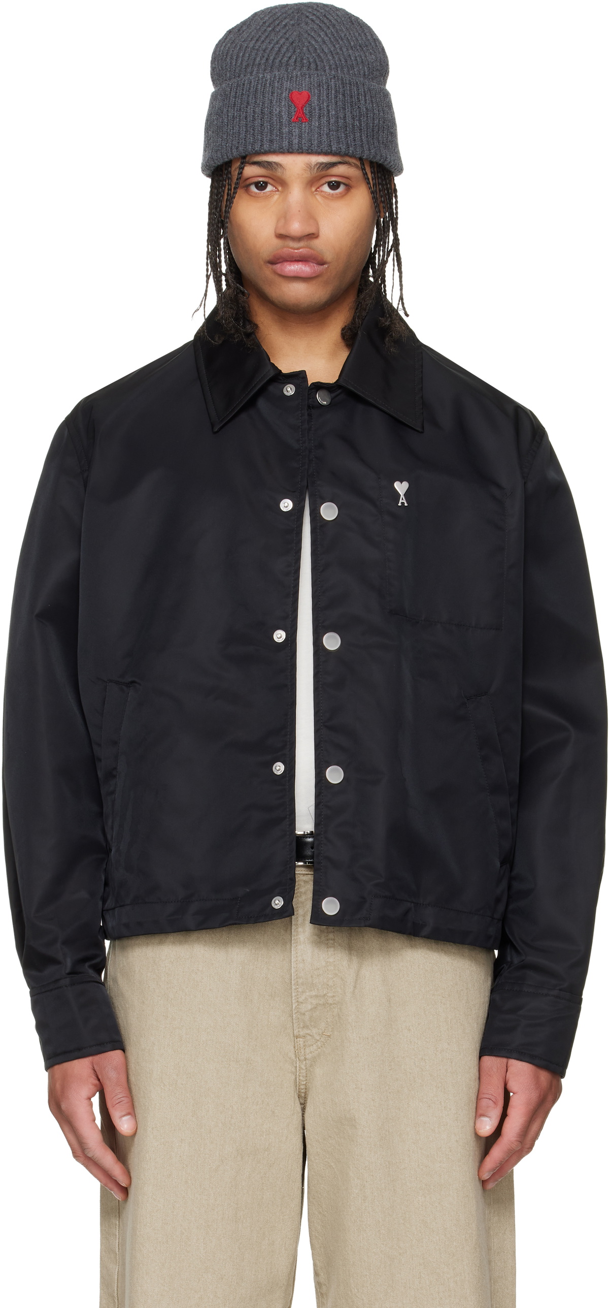 AMI Paris Black Nylon 'Ami De Coeur' Stud Buttoned Jacket