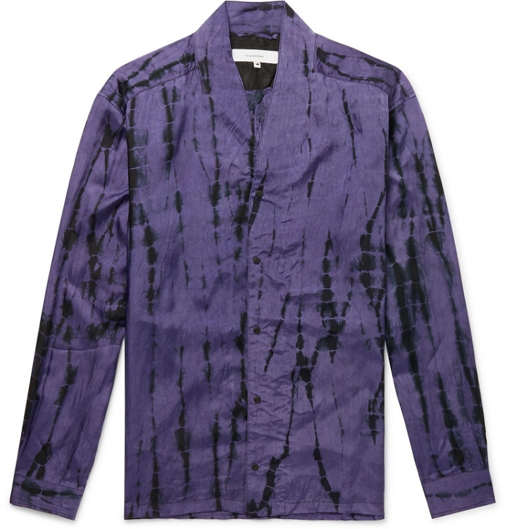 Photo: Sasquatchfabrix. - Tie-Dyed Collarless Crinkled-Satin Shirt - Purple