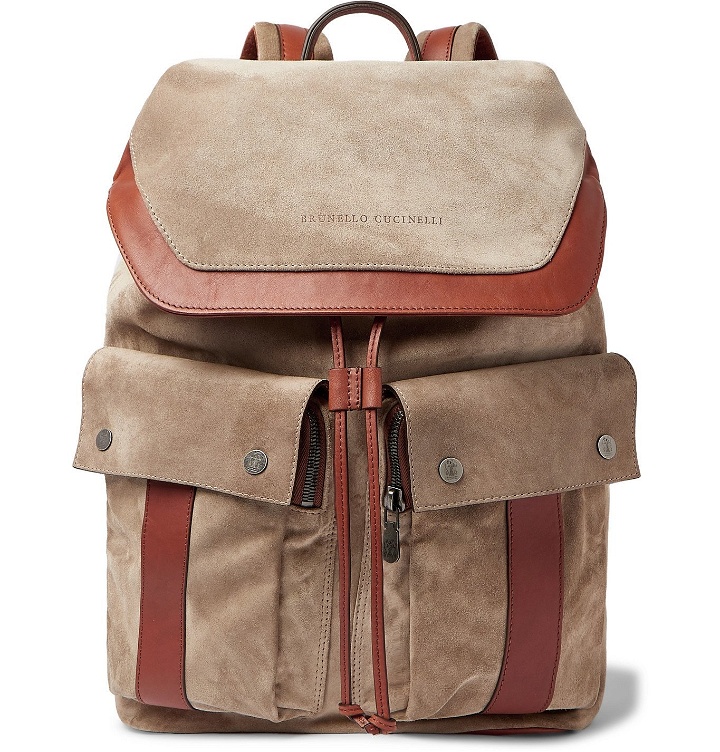 Photo: Brunello Cucinelli - Leather-Trimmed Suede Backpack - Neutrals