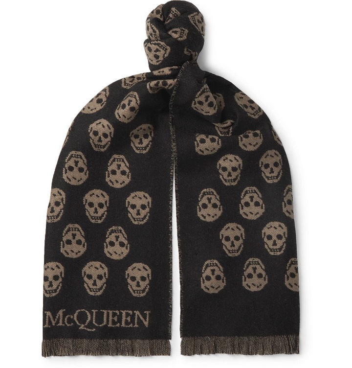 Photo: ALEXANDER MCQUEEN - Reversible Fringed Logo-Jacquard Wool Scarf - Black