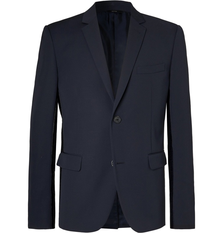 Photo: Fendi - Midnight-Blue Slim-Fit Logo-Jacquard Satin-Trimmed Virgin Wool Suit Jacket - Blue