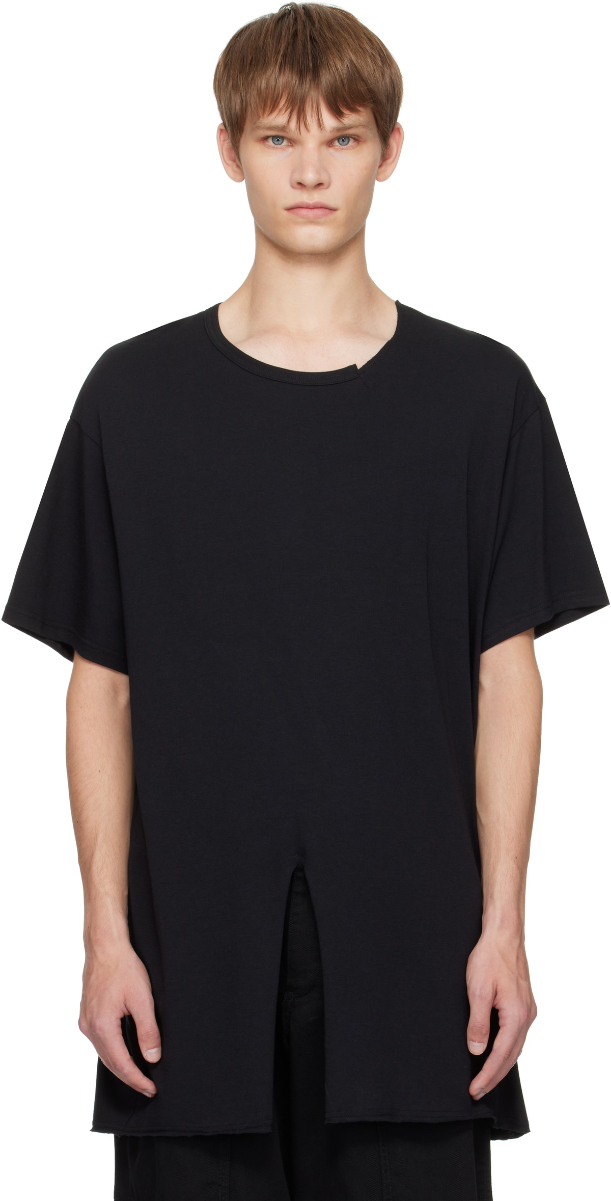YOHJI YAMAMOTO Black Single Jersey Slit Round Neck T-shirt