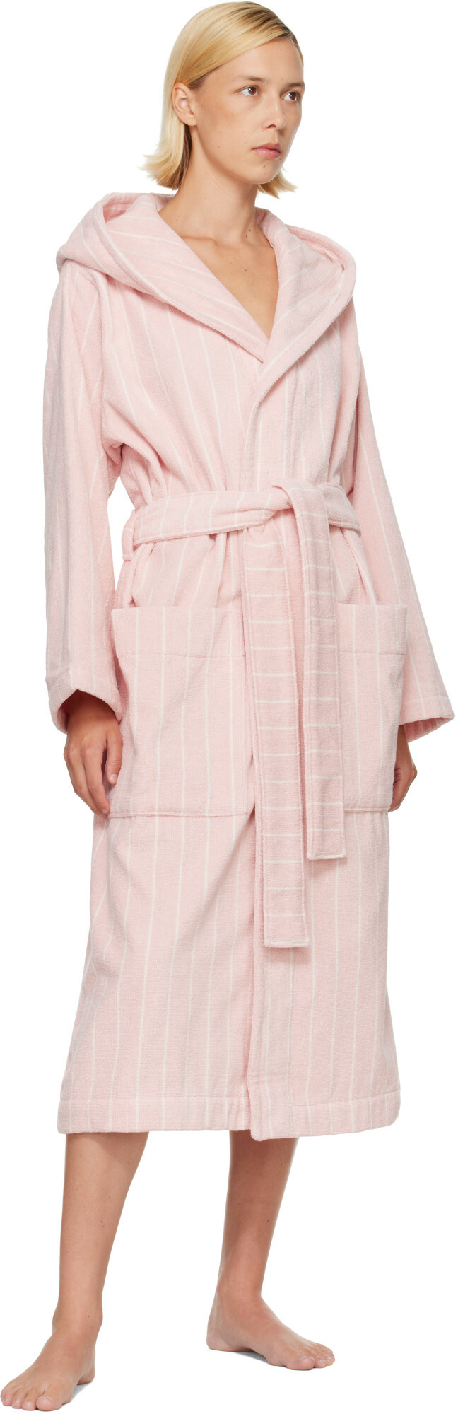 Tekla Pink & White Terry Hooded Bathrobe