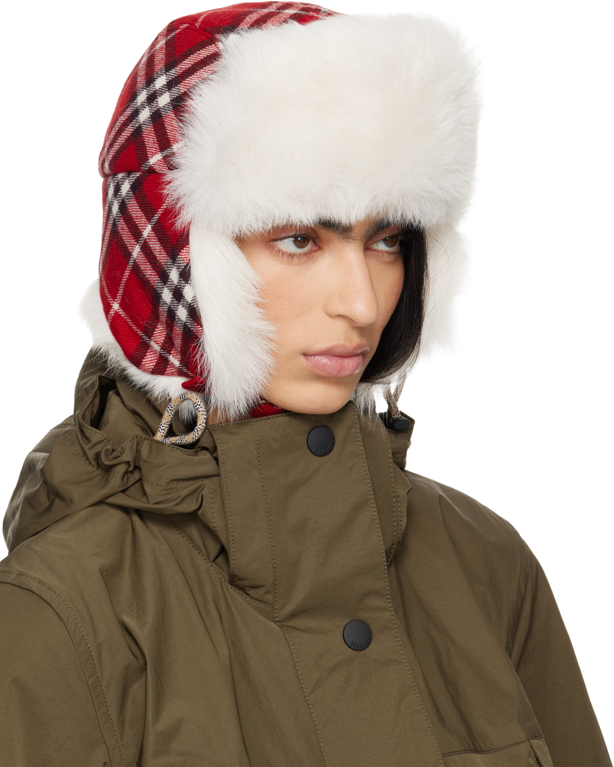 Burberry Red & Off-White Check Wool Trapper Hat