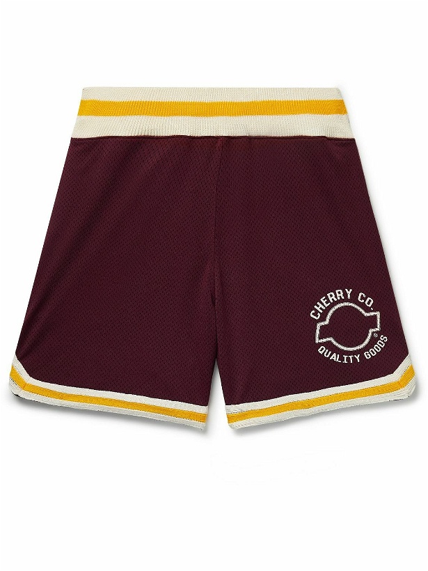 Photo: CHERRY LA - Wide-Leg Logo-Print Stretch-Knit and Mesh Shorts - Burgundy