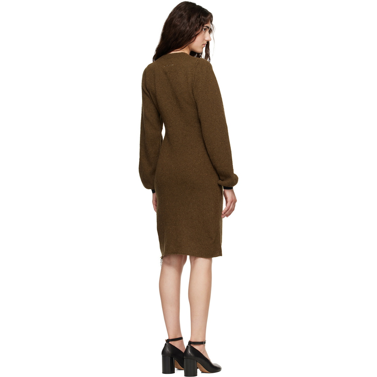 MM6 Maison Margiela Khaki Frayed Knit Midi Dress