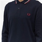 Fred Perry Men's Long Sleeve Twin Tipped Polo Shirt in Navy/Snow White/Burnt Red