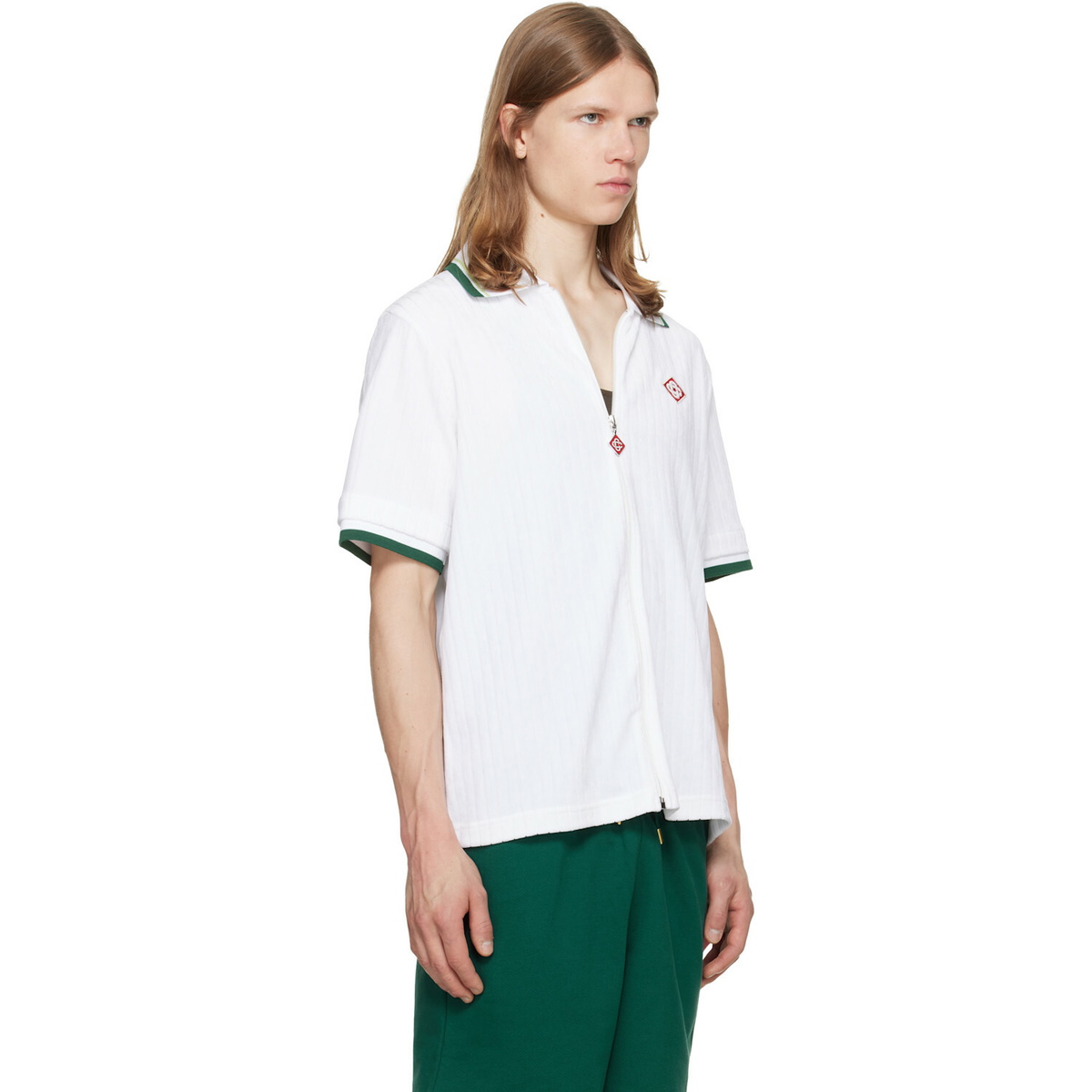Casablanca White Striped Velour Zip‑Up Short Sleeve Shirt
