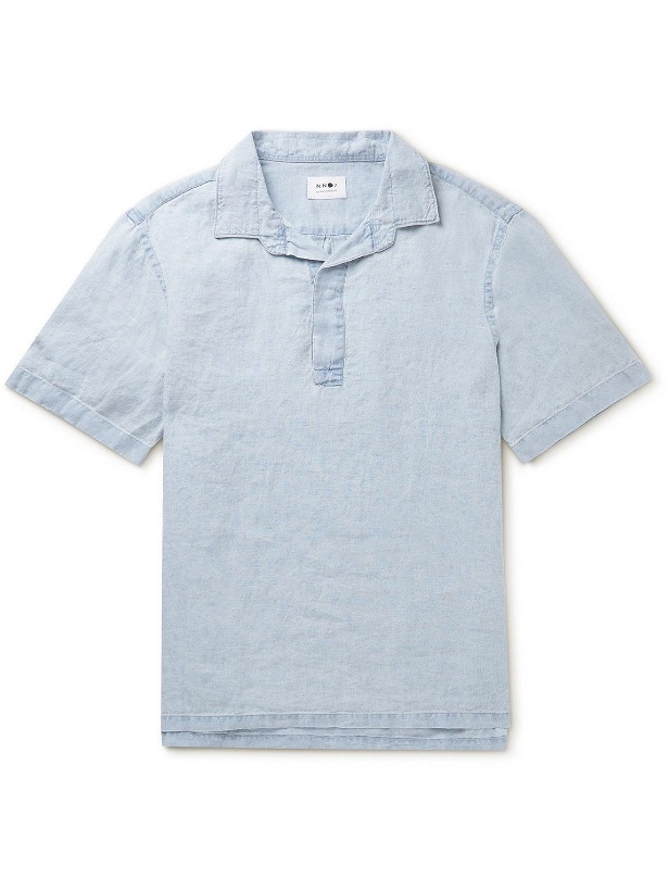 Photo: NN07 - Brad Distressed Garment-Dyed Linen Polo Shirt - Blue