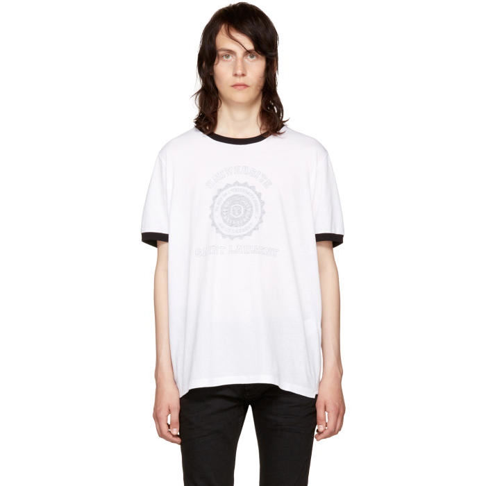 Photo: Saint Laurent White UniversitÃ© Logo Ringer T-Shirt