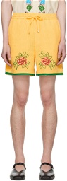 HARAGO Yellow Cross-Stitched Shorts