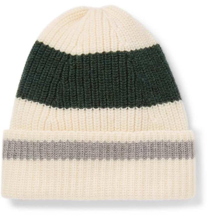 Photo: The Workers Club - Striped Ribbed Merino Wool Beanie - Neutrals
