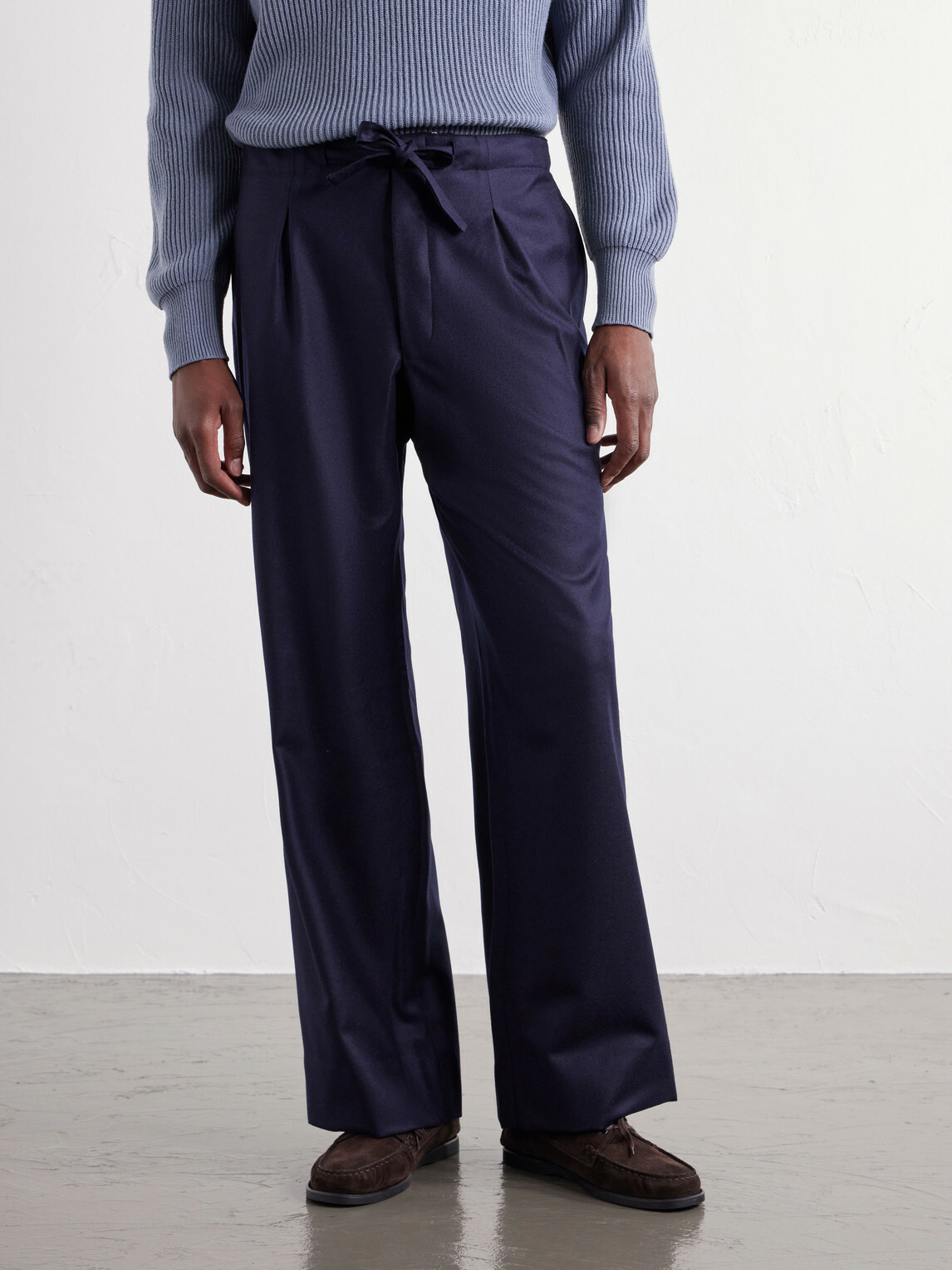 Stòffa - Wide-Leg Drawstring Wool And Cashmere-Blend Flannel Trousers - Blue