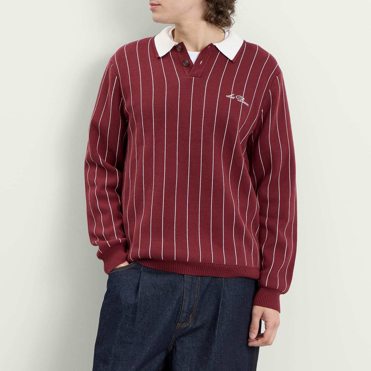 Les Deux Men's Signature Knitted Long Sleeve Polo in Chocolate Truffle Red