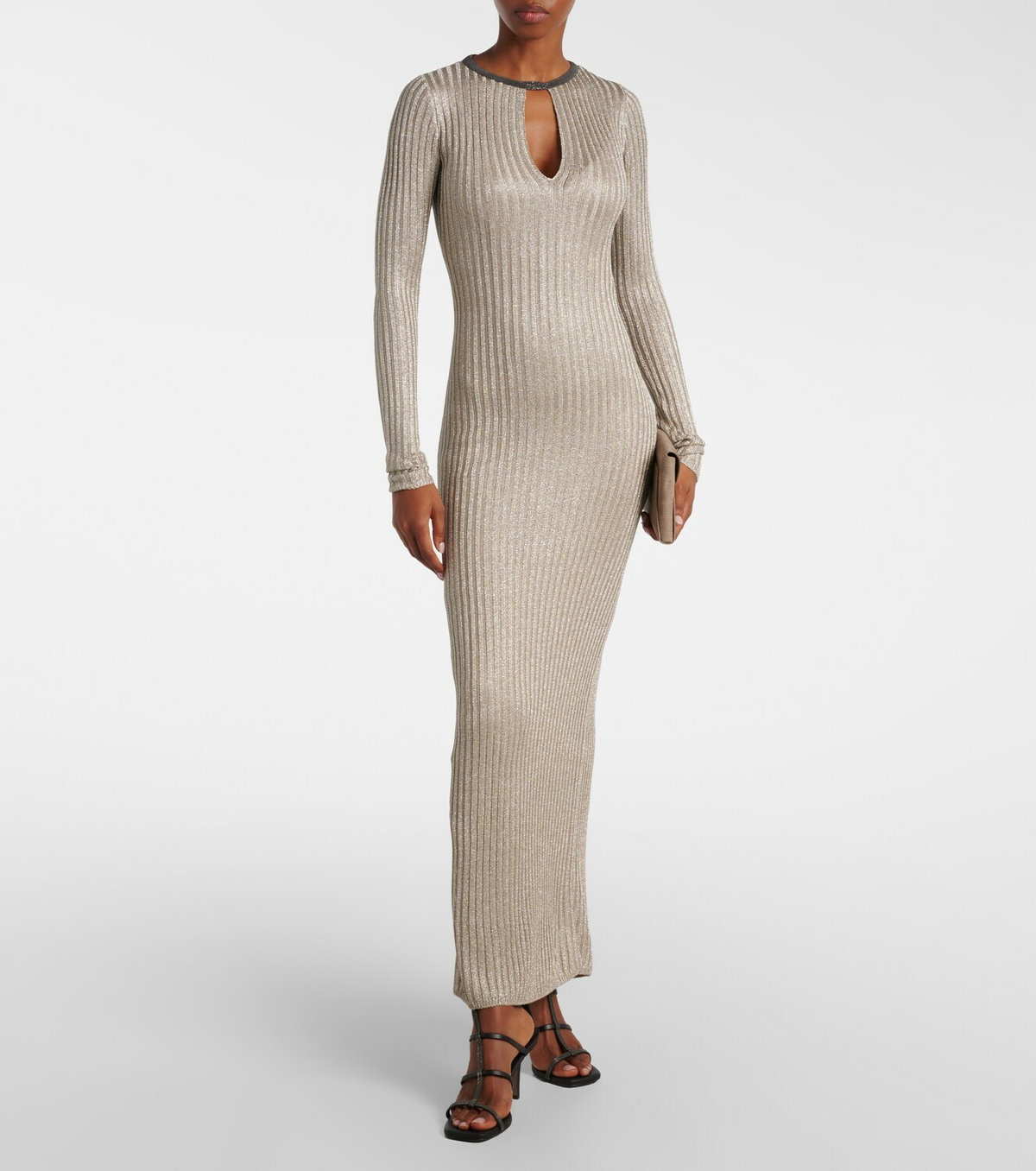 Brunello Cucinelli Monili ribbed-knit lamé maxi dress