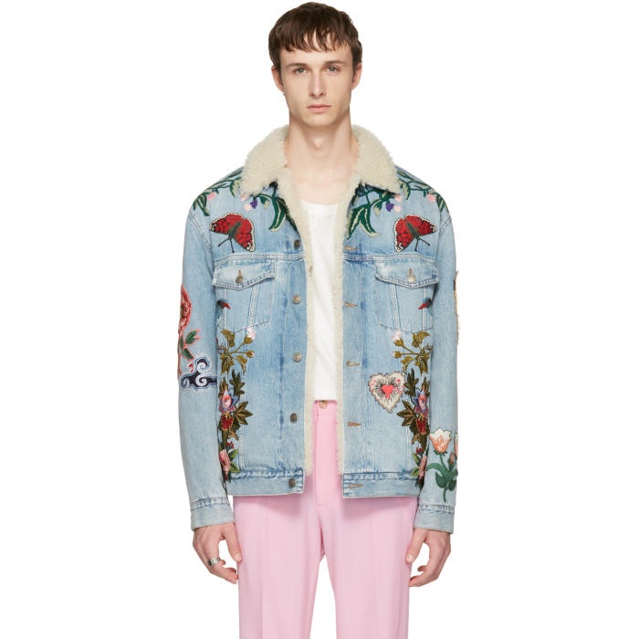Gucci Blue Embroidered Shearling Denim Jacket Gucci