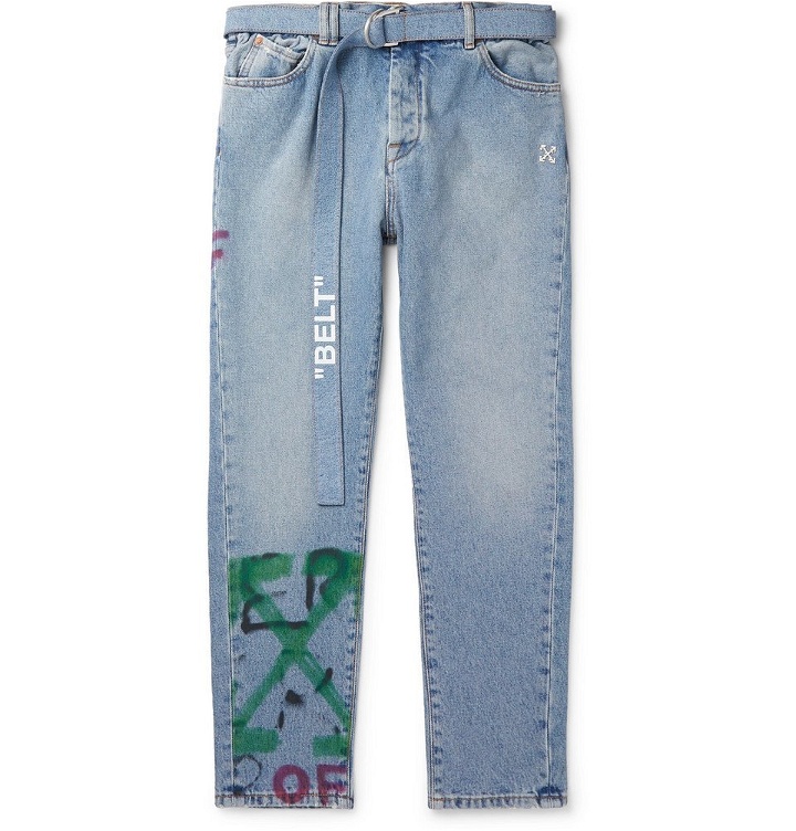 Photo: Off-White - Slim-Fit Tapered Belted Spray-Painted Denim Jeans - Blue
